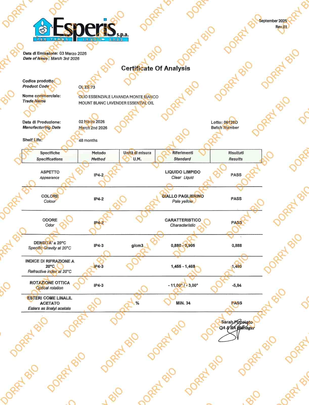 Huile essentielle de Lavande vraie (officinale) — certificat d’analyse Dorry Tunisie