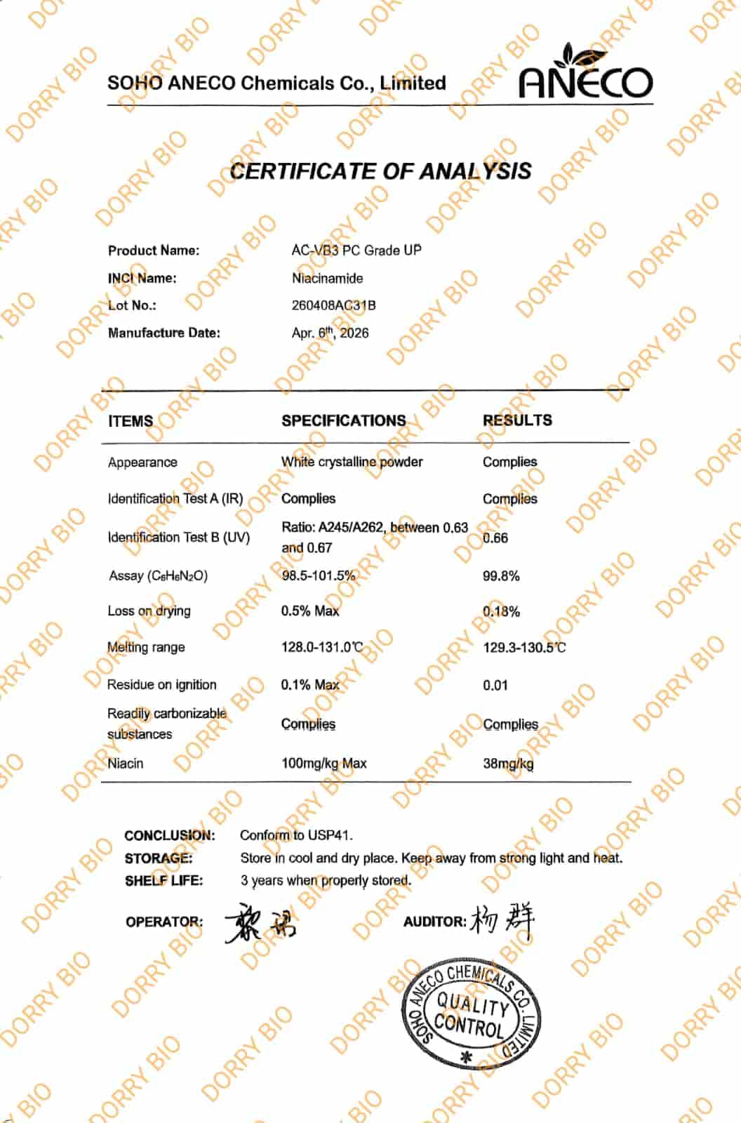 Niacinamide — certificat d’analyse Dorry Tunisie