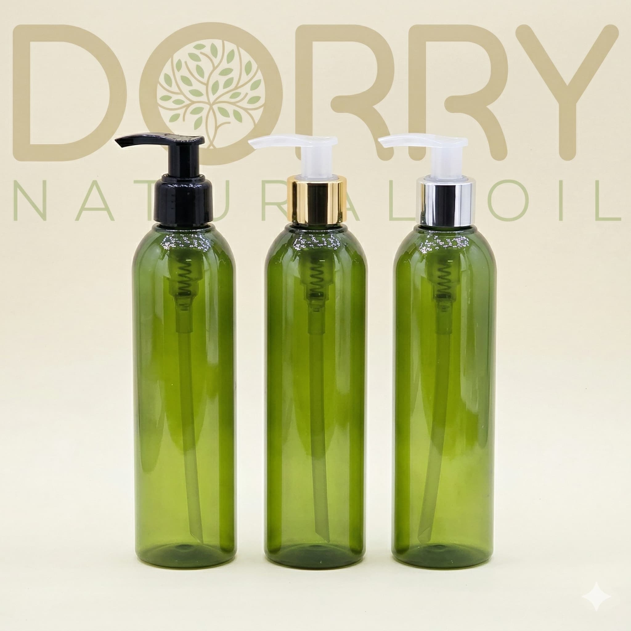 FLACON 250ML PET ARRONDI VERT OLIVE AVEC POMPE LOTION