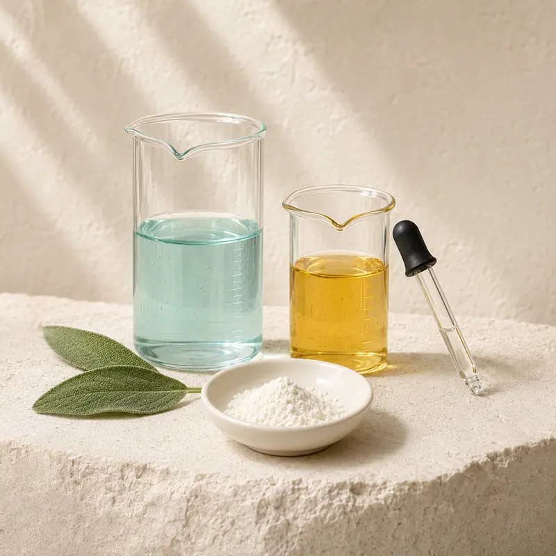 Actifs cosmétiques : béchers, poudres et flacons ambrés — DORRY BIO Tunisie